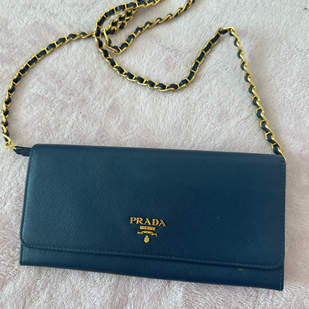 Prada Navy and Gold Wallet with Crossbody Chain Strap